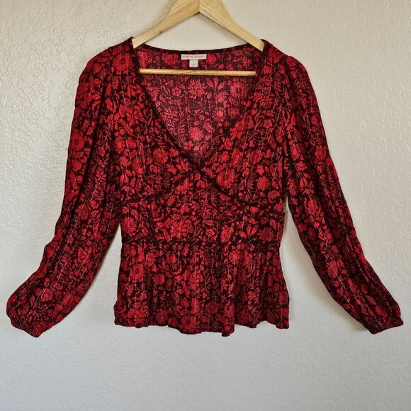Knox Rose Women’s Red Floral Peplum Long Slv V-Neck Size S Boho Babydoll Flowy - Picture 1 of 7